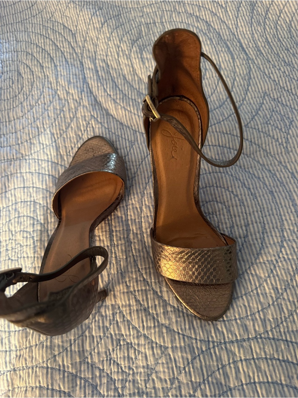 Joie Metallic Bronze Snake-Texture Ankle Strap Heels
